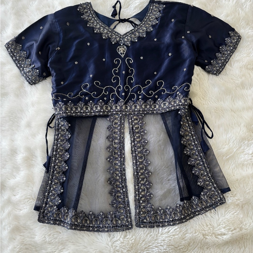 Blue and Silver Embellished Pleated Top